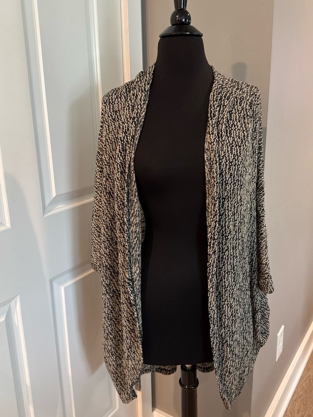 Open-Front Black and White Knit Women's Sweater Cardigan